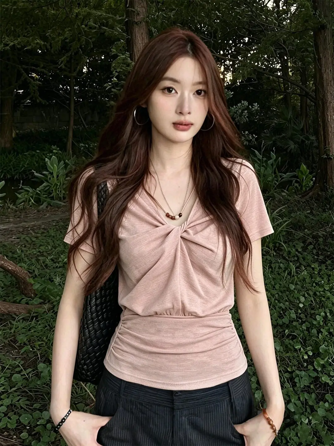 Korean Style V-Neck Short Sleeve T-Shirt Women's Summer Slimming Casual Knot Top City Walk Bubble Sleeve Polyester Fiber Tee