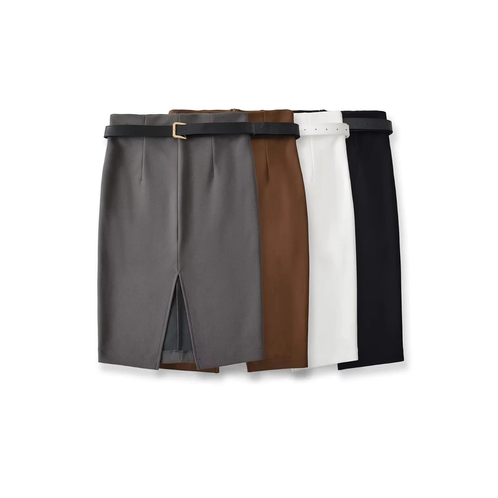 Elegant High Waist Suit Style  Skirt with Belt And Front Slit for Women Stretchy Bodycon Midi Skirt for Business Casual