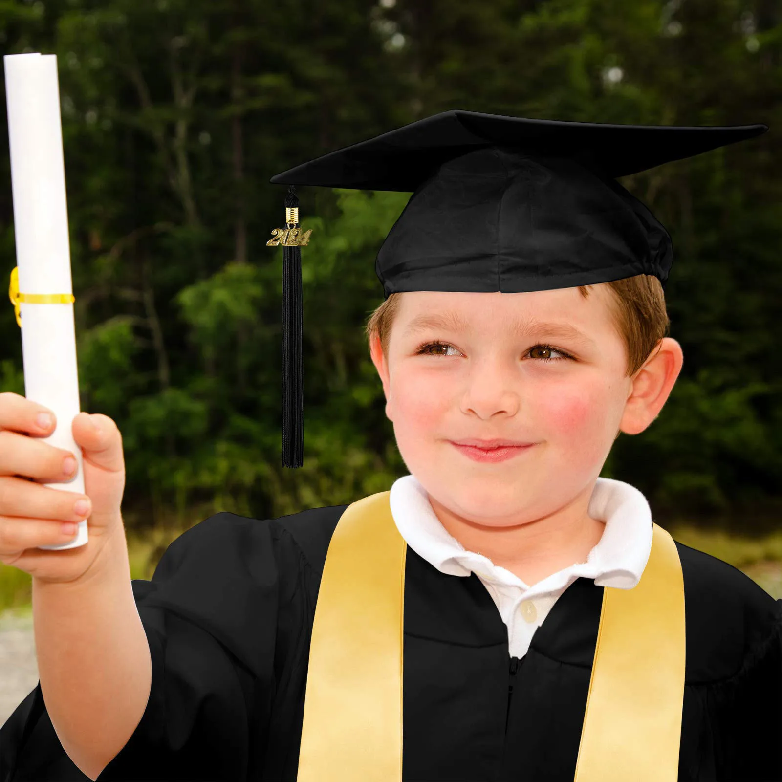 Vestido de graduación para niño y niña, gorro de graduación, batas de clero, faja de satén graduada, correas de hombro, decoraciones de fiesta, 2024