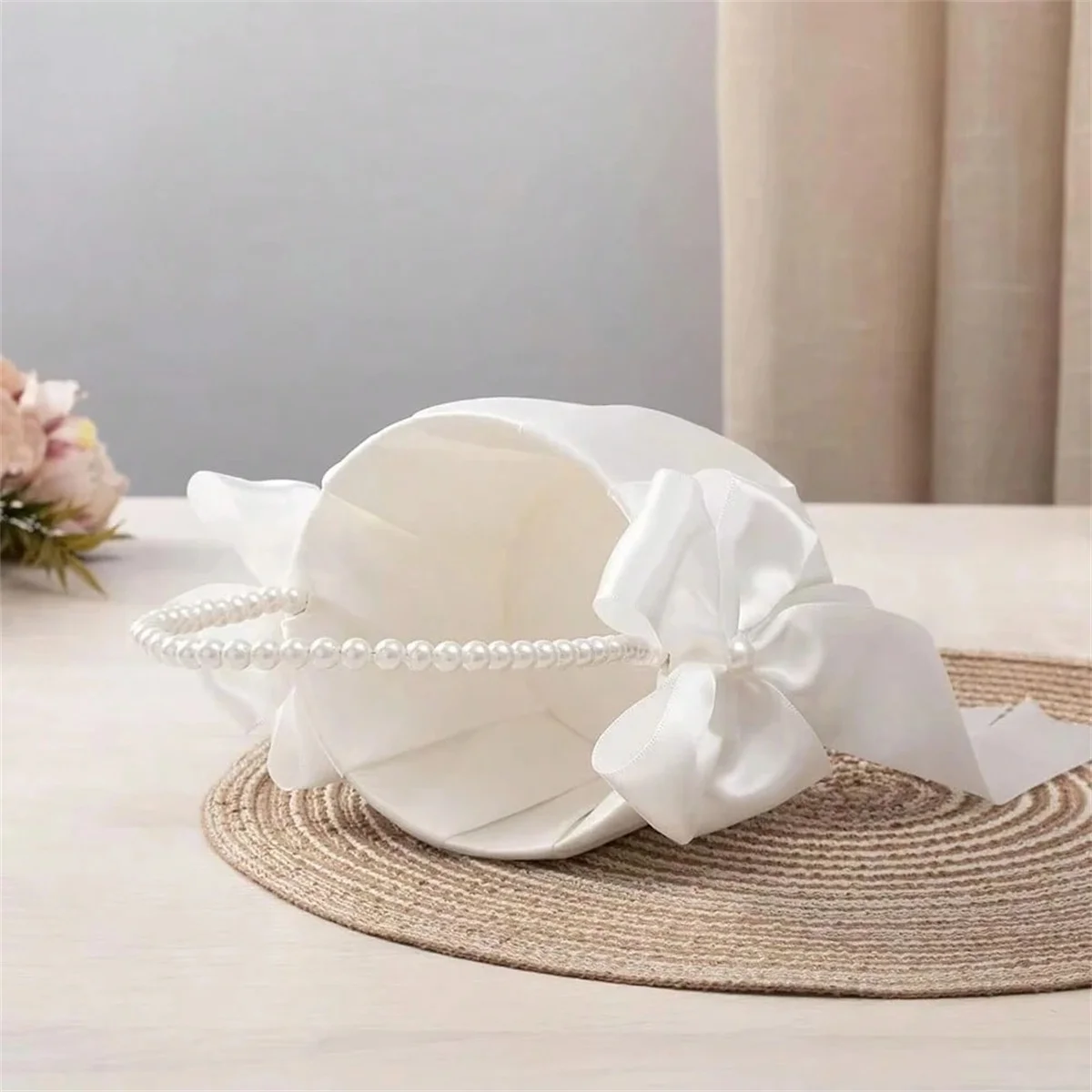 Wedding Flower Girl Basket with Cute Pearl Handle Bowknot Satin Flower Baskets for Wedding Ceremony image 2