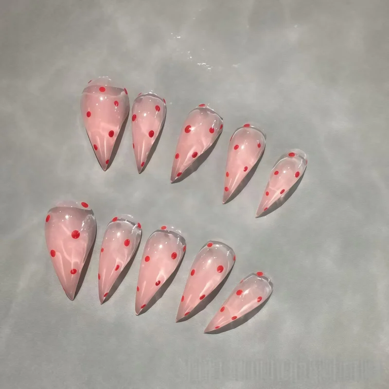 2026New 10PCS Transparent jelly powder long-style fake nails, cute red dot design sequin nail art set Korean-style girl style