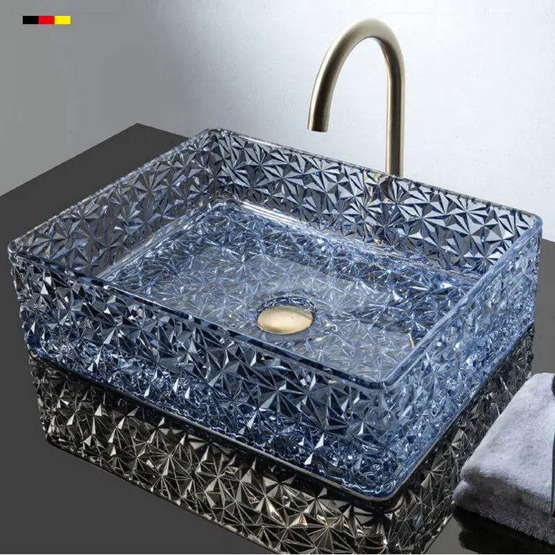 

Rectangular Glass Bathroom Sinks Crystal Countertop Washbasin Shiny Washroom Art Basin with Drainer Set GN801DI