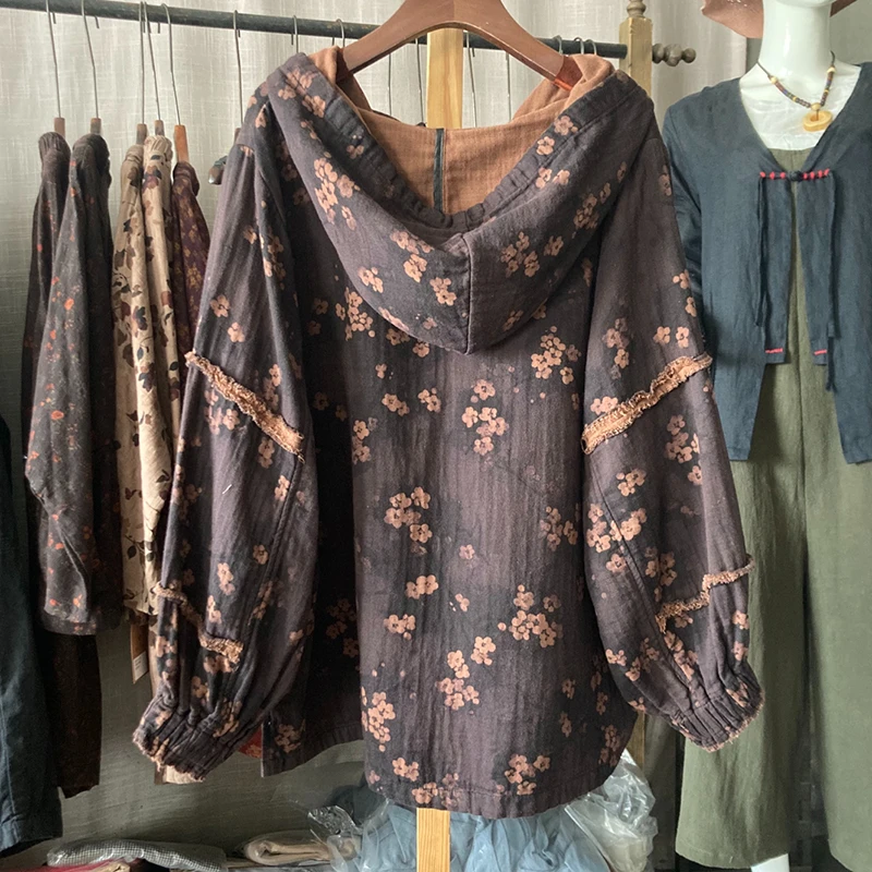 2025 New Arrival Spring Autumn Women Casual Good Quality Cotton Linen Hoodie Pullovers All-match Vintage Floral Sweatshirt T429
