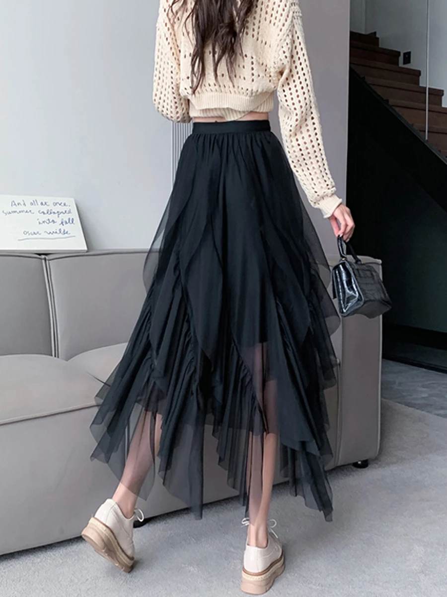 Women s Tulle Skirt Elastic Waist Fairy Mesh Layered Tutu Skirt High Low Irregular Prom Party A-Line Skirt