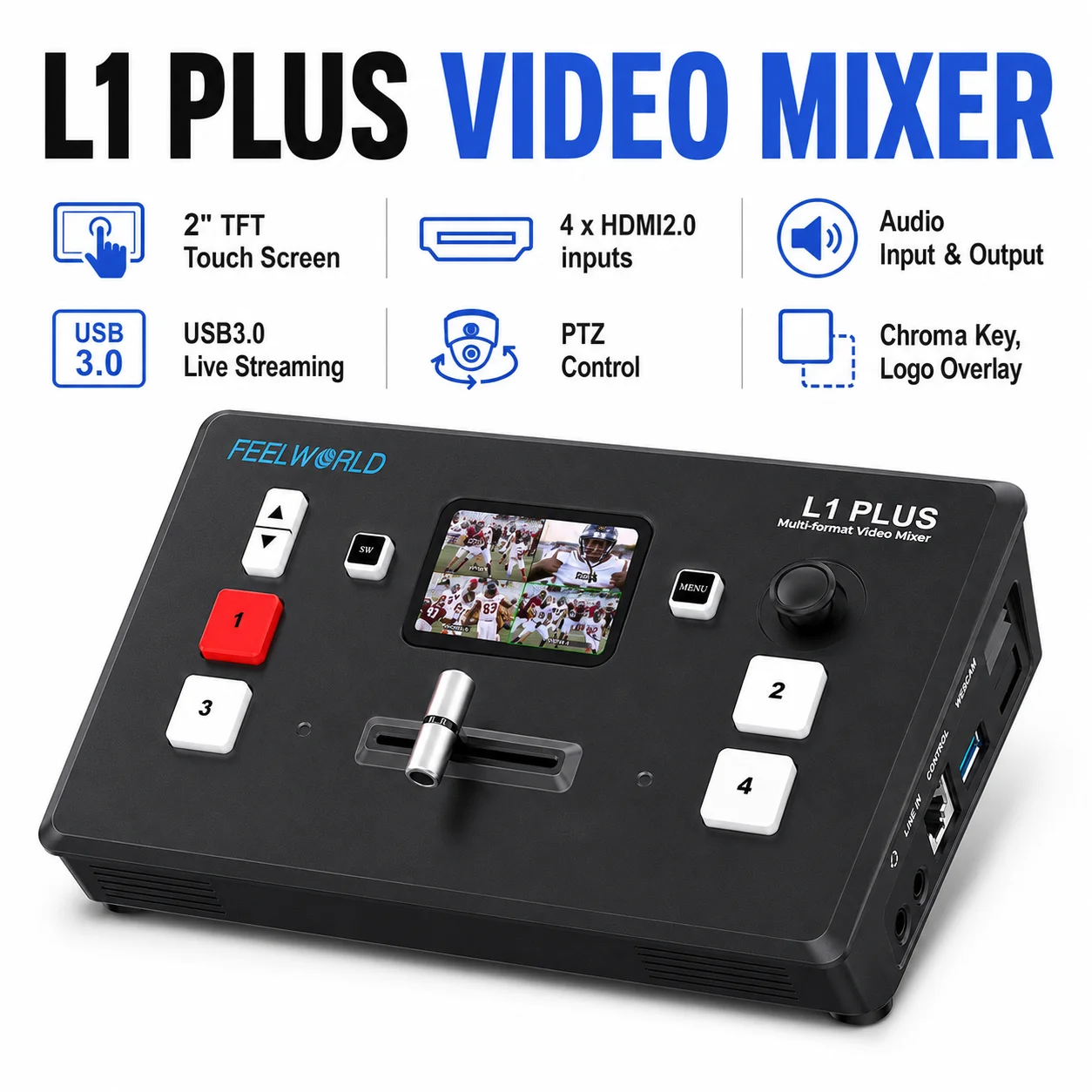 Audio Mixer 4 Channel - FEELWORLD L1 PLUS マルチカメラビデオミキサースイッチャー 4K入力 2インチタッチスクリーン