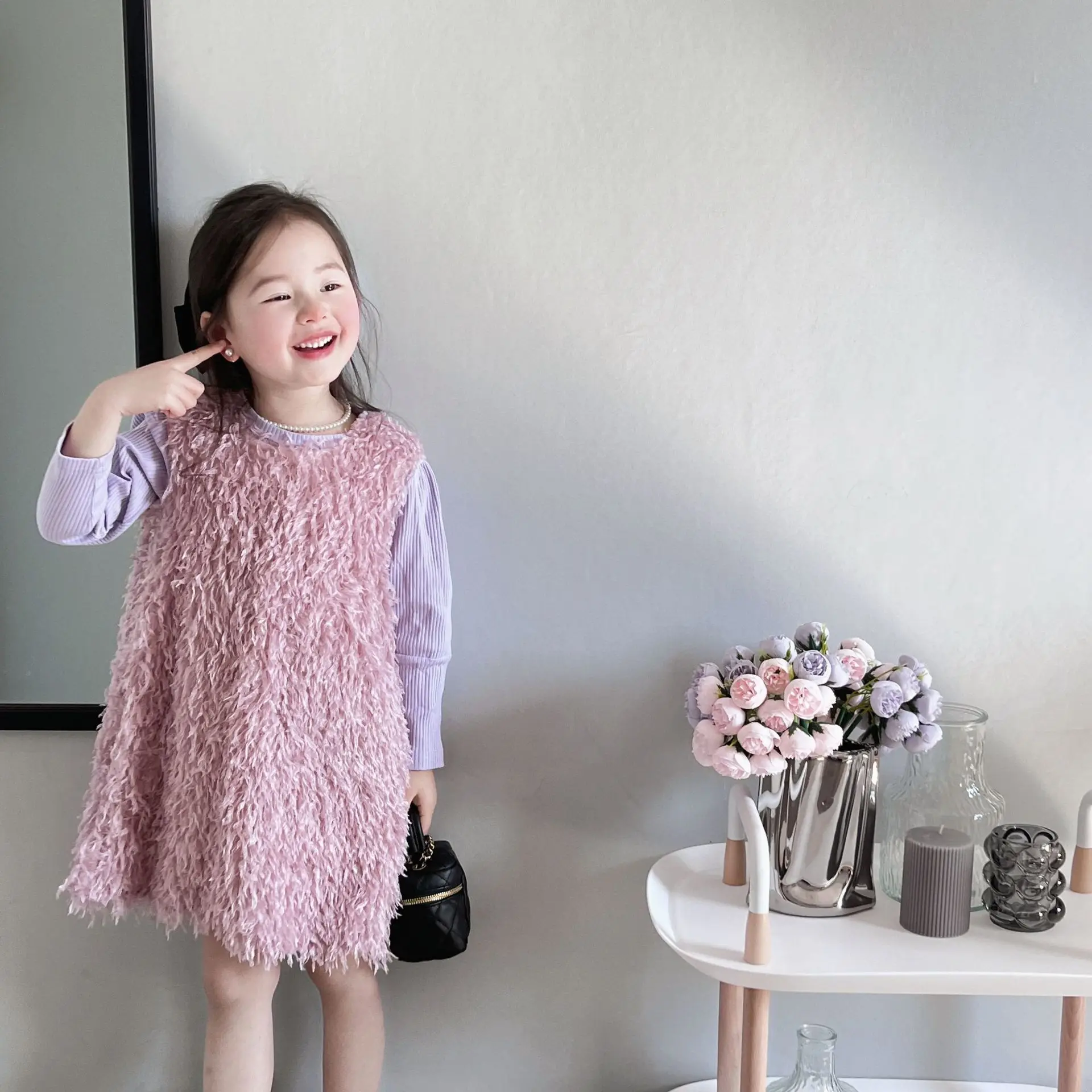 

Girl Clothes Suit 2024 Korean Style Spring and Autumn Girls Children All Match Shift Dress Foreign Fashion Feather Vest 2-piece