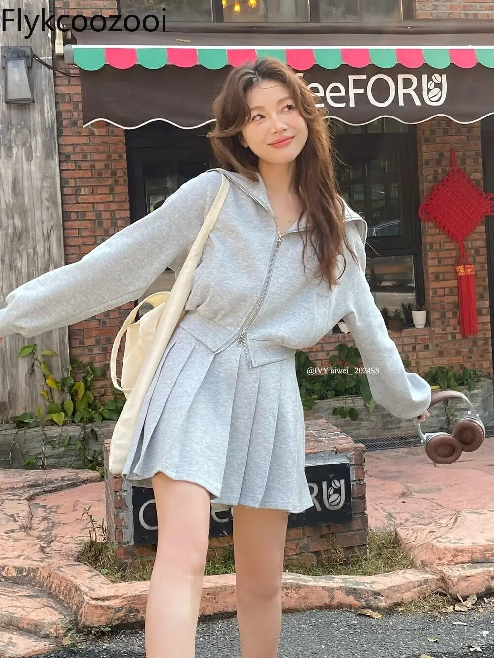 

Flykcoozooi Korean Fashion Lapel Zipper Short Sweatshirt+High Waisted Pleated Skirt Set Gray Casual Two Piece Set Women Outfits