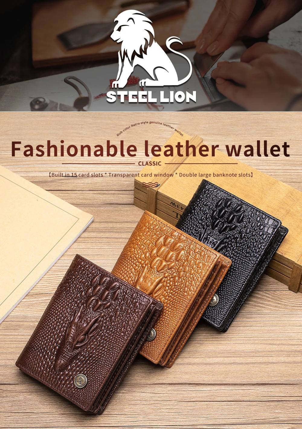 Herren-Geldbörse aus echtem Leder mit Krokodilmuster, Retro-Design, große Kapazität, mehrere Kartenfächer, Fotoalbumfach, Geschenkidee – Detail 1