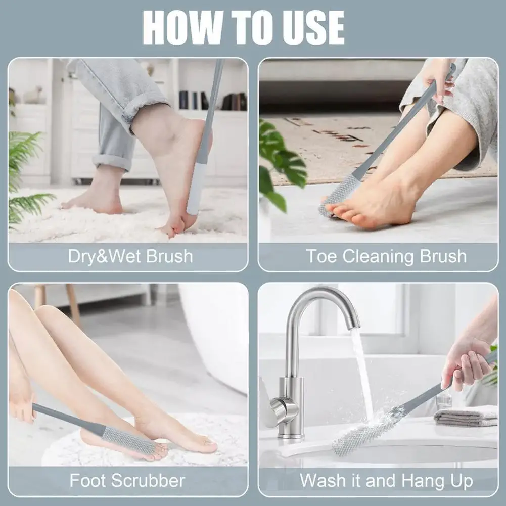 Toe Cleaning Brush Foot Scrubber in Shower with Long Handle Silicone Gap Brush Between Toes Cleaner Scrub for Seniors Elderly