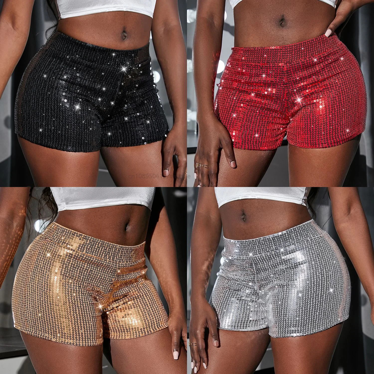 

Solid Color Fashion Sequins Glittery Shorts Sparkly Sexy Mid Waist Elastic Straight Leg Shorts for Party Club Streetwear Women