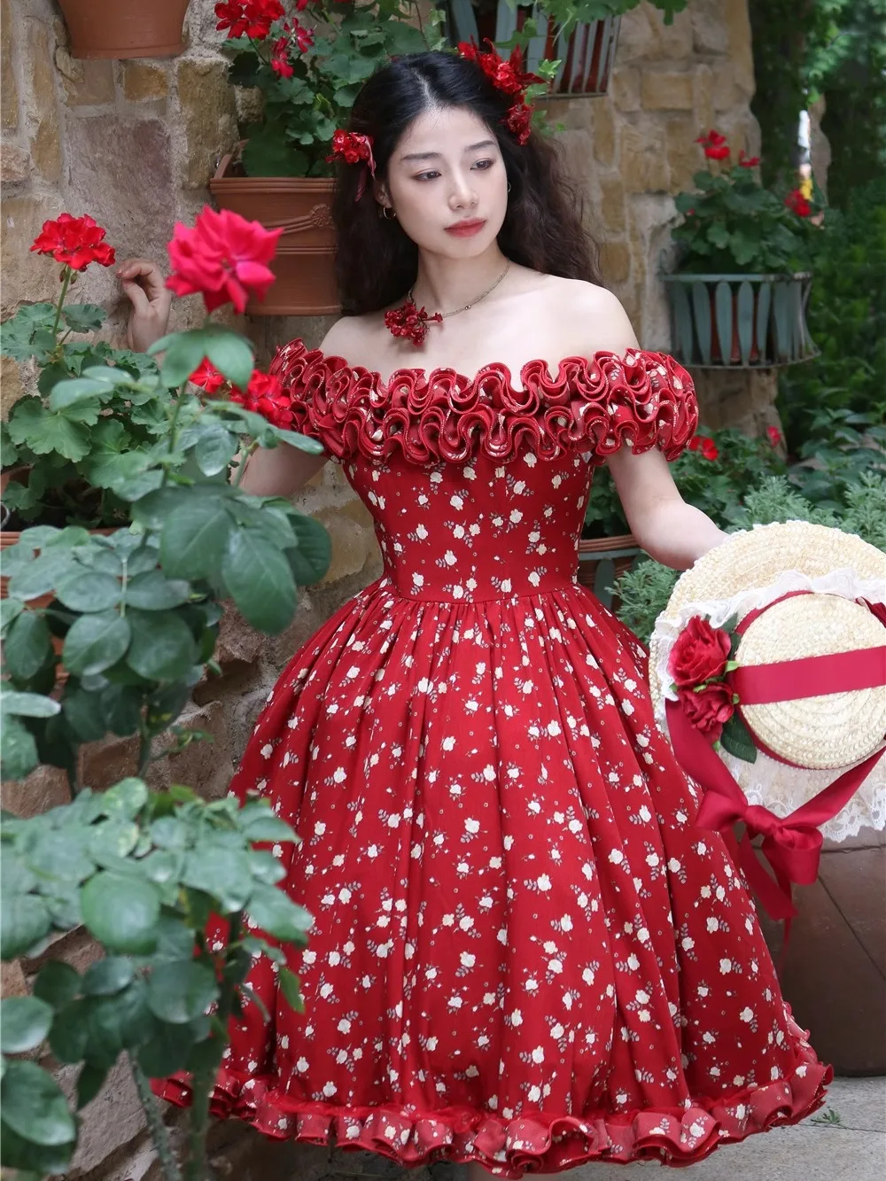 84-101 センチメートルバスト夏の赤いドレスの女性 ElegantSlim セクシーなオフショルダー花誕生日パーティードレスビッグスイングプリンセスふわふわスカート
