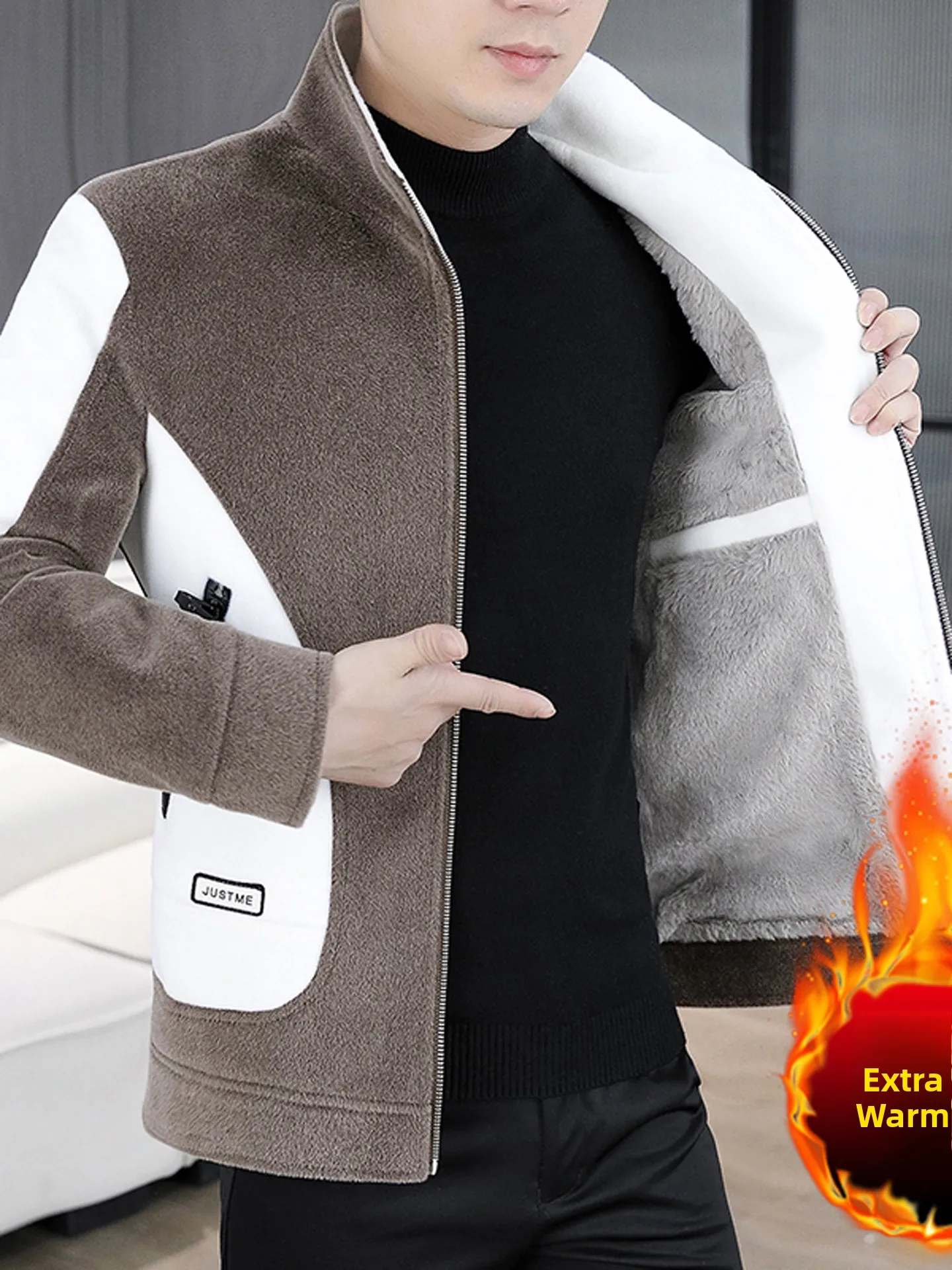 Winter New Men's ort Thiened Faux Fur Jaet Stand Collar Zipper Woolen Outerwear Faionable Casual Sle Polyester Fiber