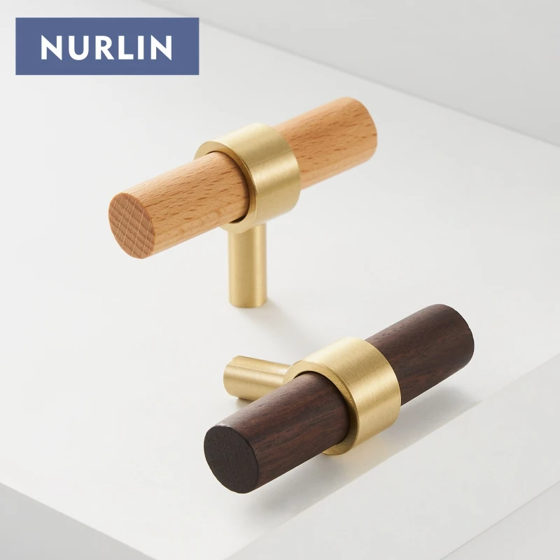 Nurlin Brass Natural Walnut Beech Wood Kitchen Furniture Handle American Nordic Style Drawer Wardrobe Pull T Bar