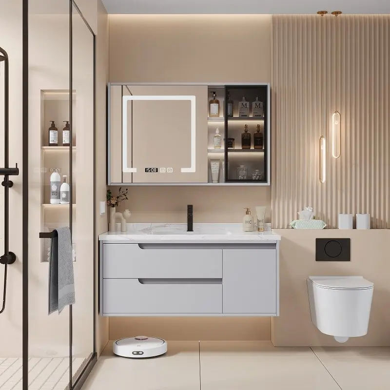 

Ceramic integrated basin, smart mirror cabinet, combination, bathroom, modern, simple, solid wood