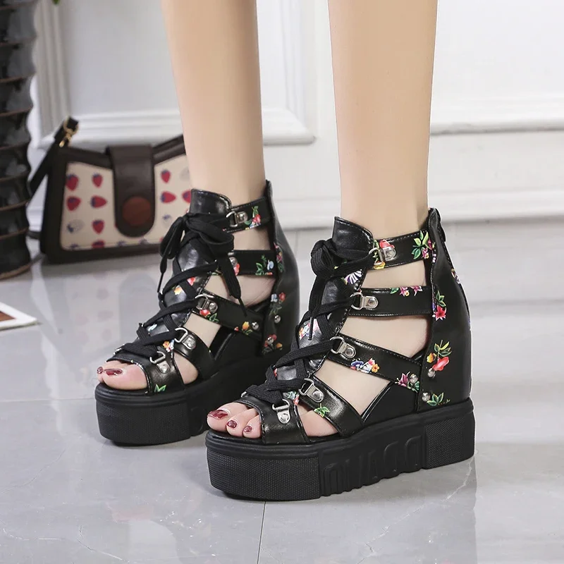 2024 Shoes for Women New Roman Sandals Ladies High Heeled Lace-Up Muffin Wedges Fishbeak Ladies Back Zip Soles Platform Sandals