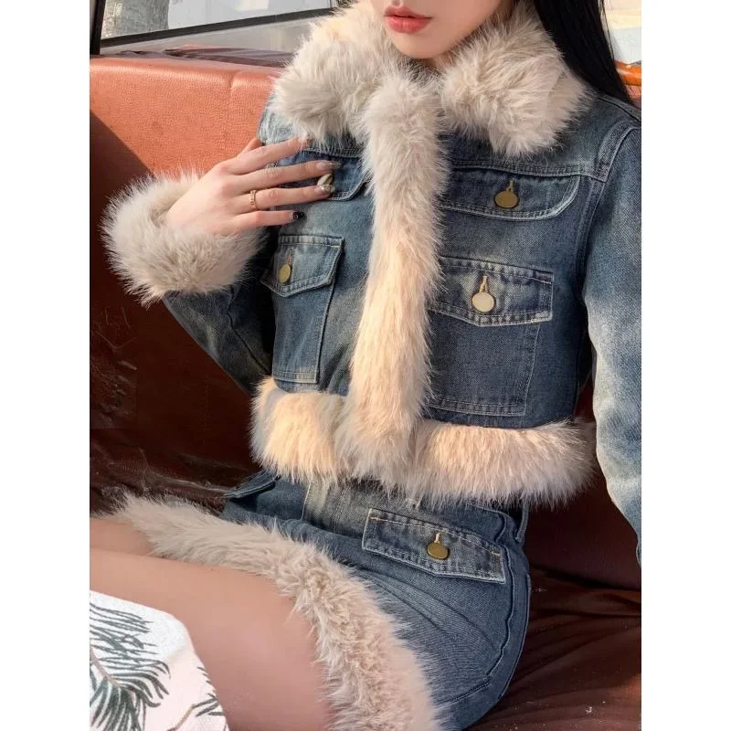 

Denim Suit Women's Retro Plush Short Turndown Collar Single-breasted Long Sleeves Coat Cowboy Skirt Winter Two Pieces Sets