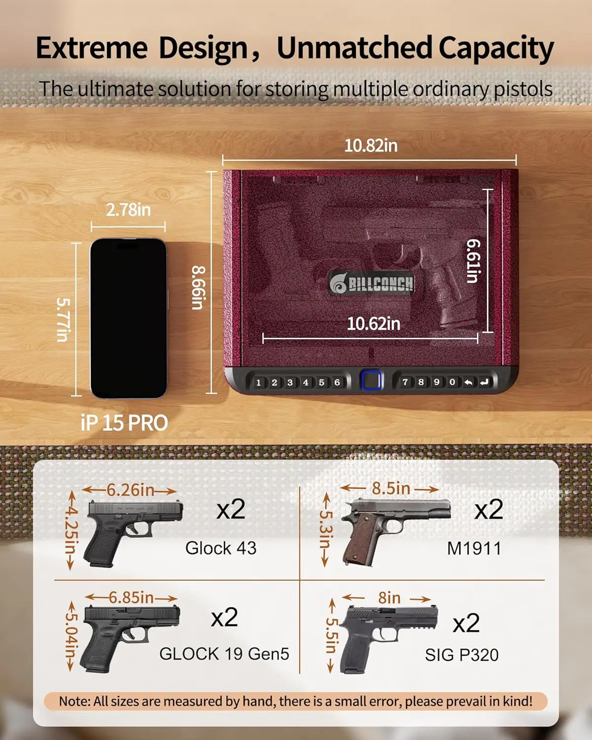 Burgundy RedGun Safe for Handgun - Biometric Gun Safe 4 Ways Quick Access with Fingerprint/Full-digital Keypad/Key/APP Lock Hand