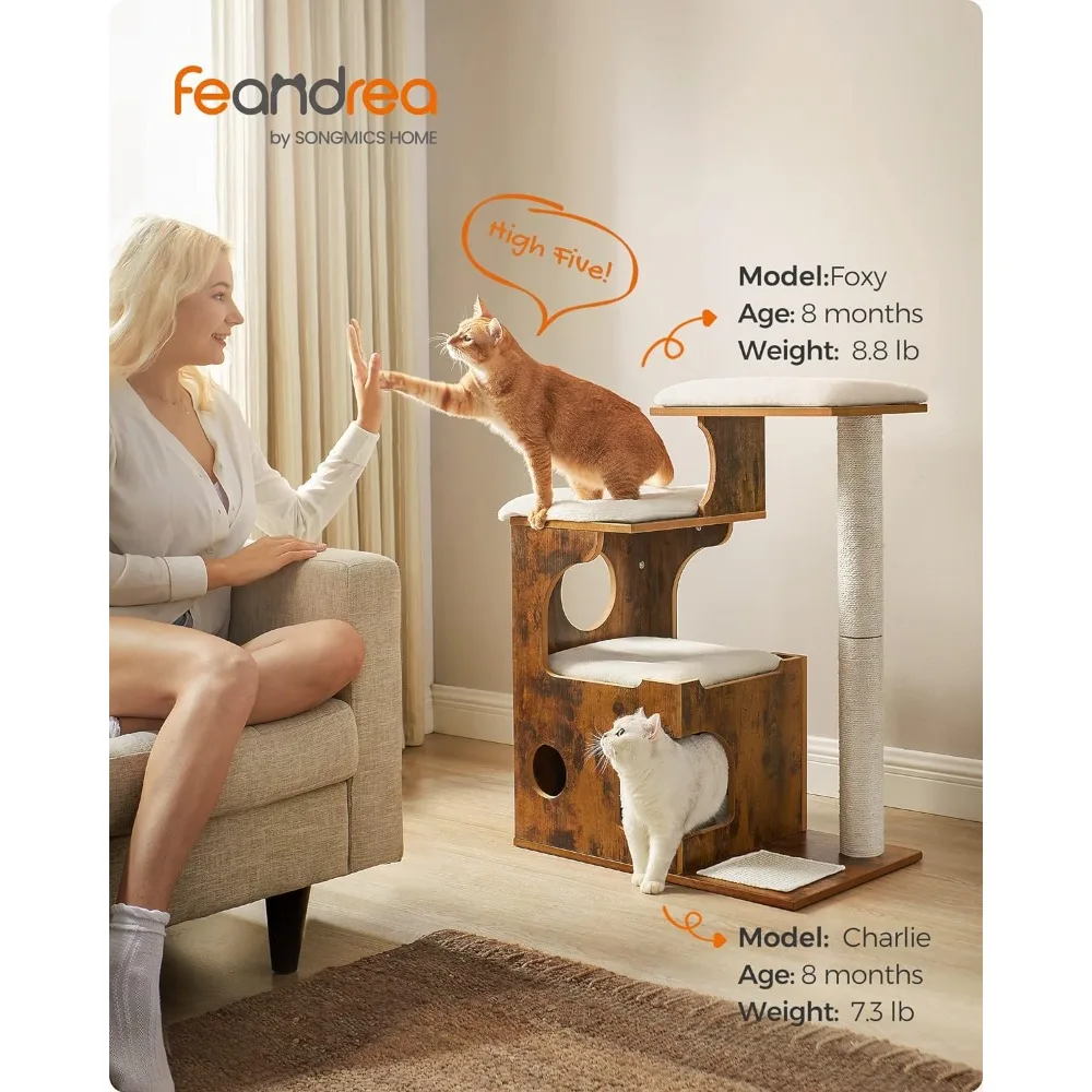 Imagem -02 - Cat Tower Tree com Camas e Caverna Cat Condo Feito de Mdf Folheado de Madeira Sisal Post Rústico Brown e Branco 339 Polegadas