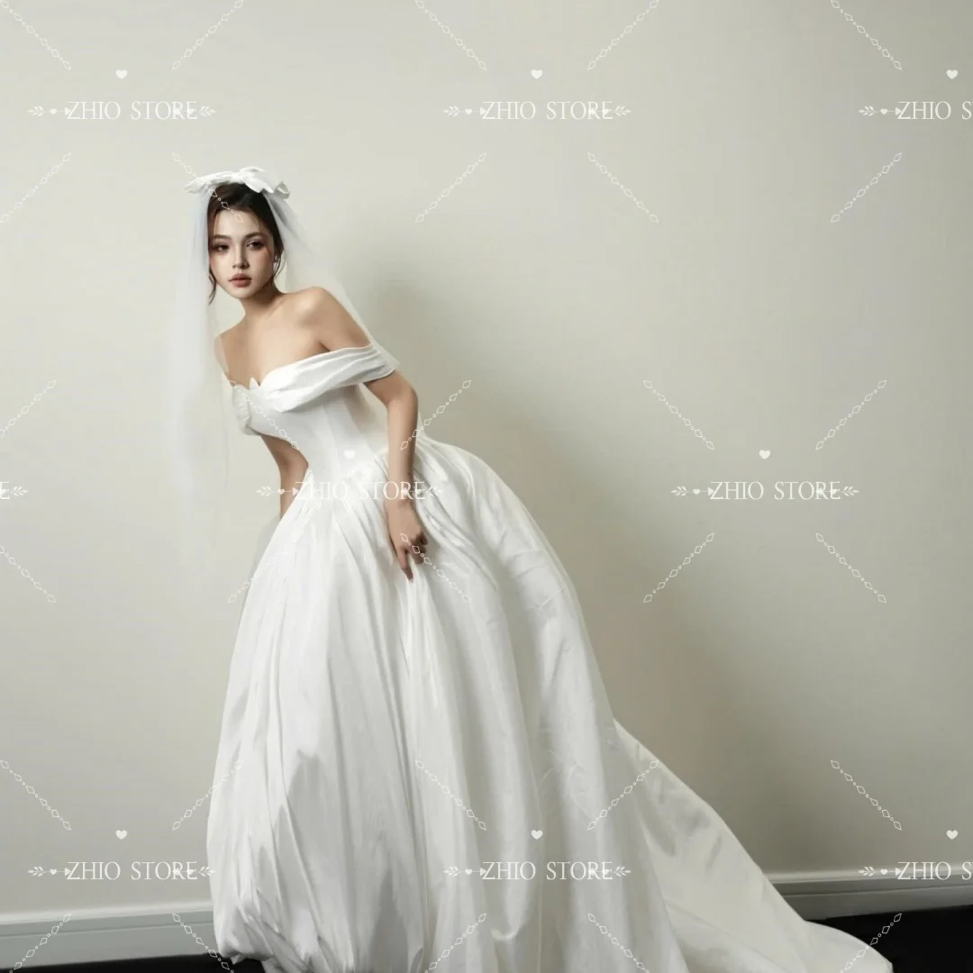 Zhi moderno marfim fora do ombro vestido de festa de casamento puff pêndulo vestido coreia sessão de fotos vestido de recepção de noiva personalizado