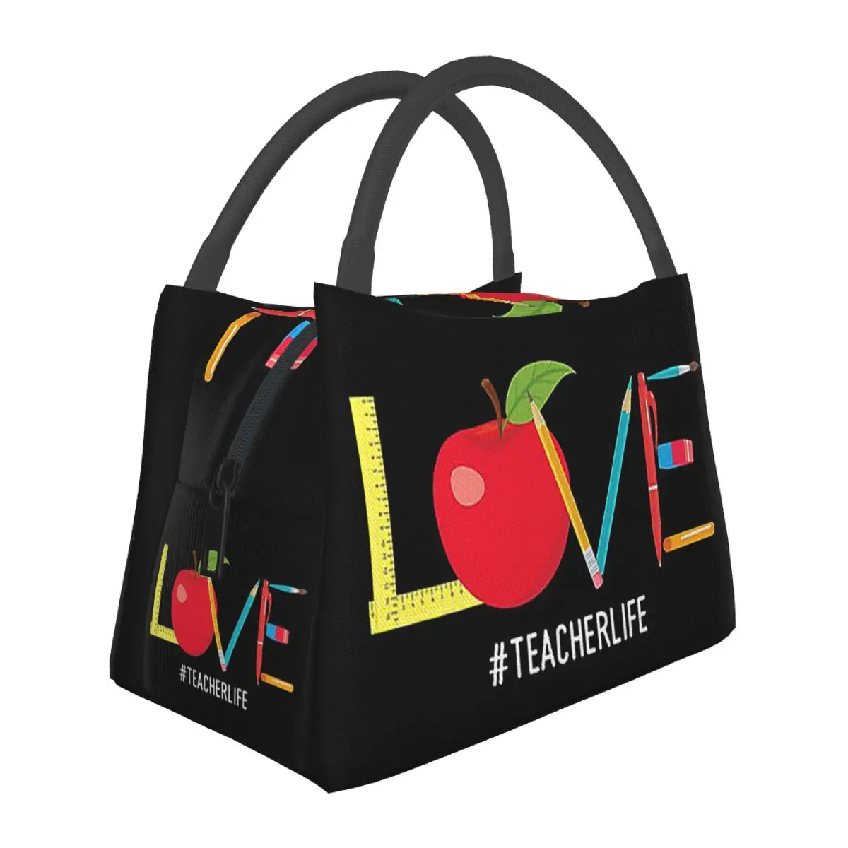 Love Teacher Life Apple Pencil Insulated Lunch Bag for Women Bento Storage Food Boxes Portable Thermal Lunch Box Tote