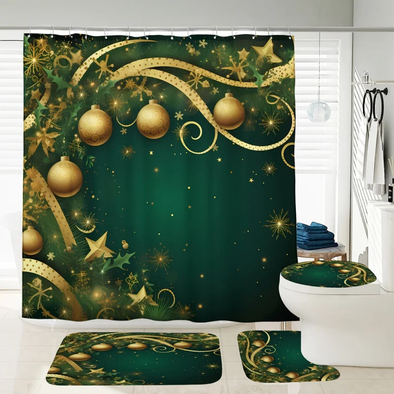 72 X 72 Inches Christmas Decorative Shower Curtain, Toilet Seat Cover, And Bath Mat Set with 12 Plastic Hooks: Modern Bat