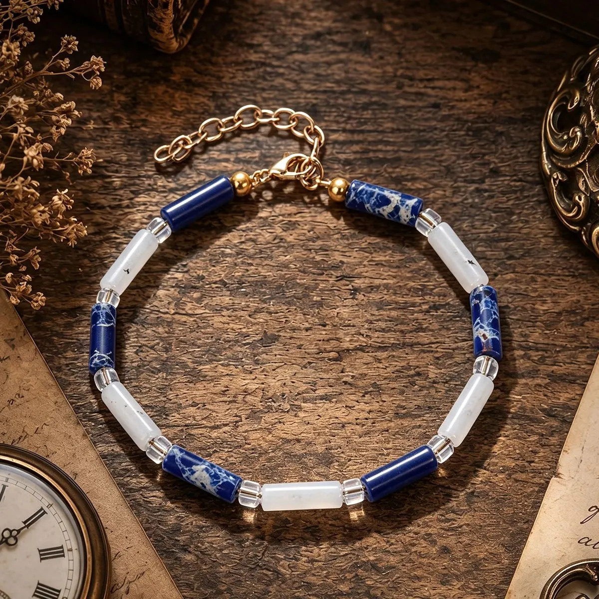 Natural Blue and White Quartz Tube Bead Bracelet, Adjustable, Symbolizing Noble Truth and Loyalty, Jewelry Gift for Men and Wome
