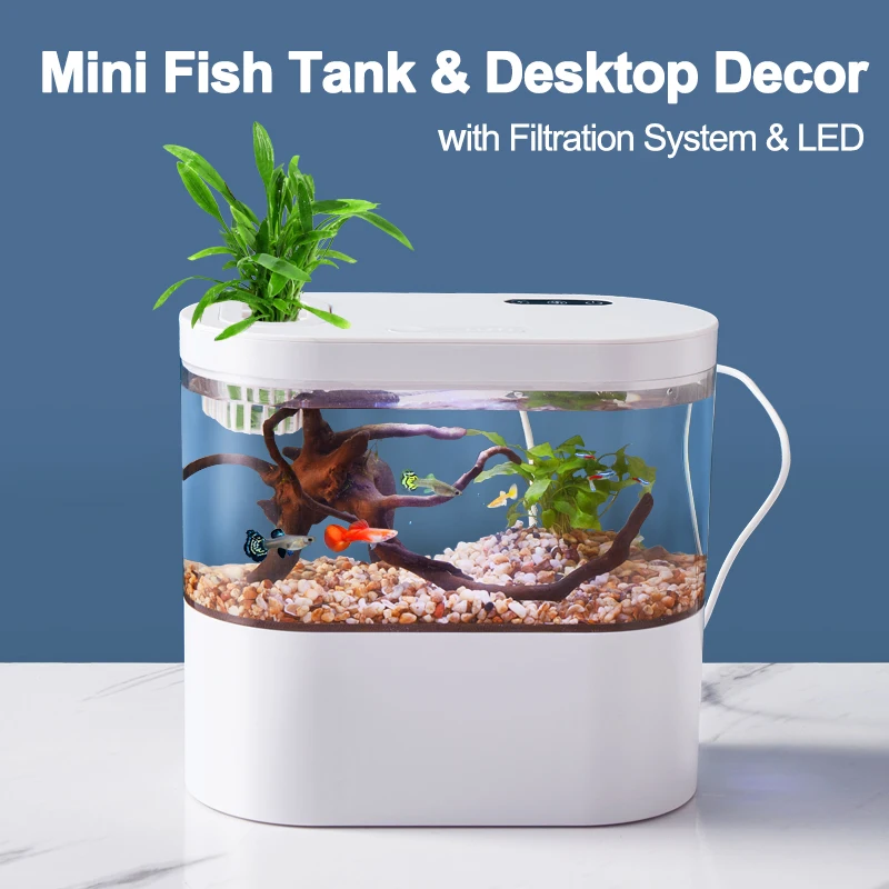 Mini Desktop Aquarium Miniature Fish Tank with Biochemical Filtration System & LED Small Aquatic Organisms Eco Box Home Decor