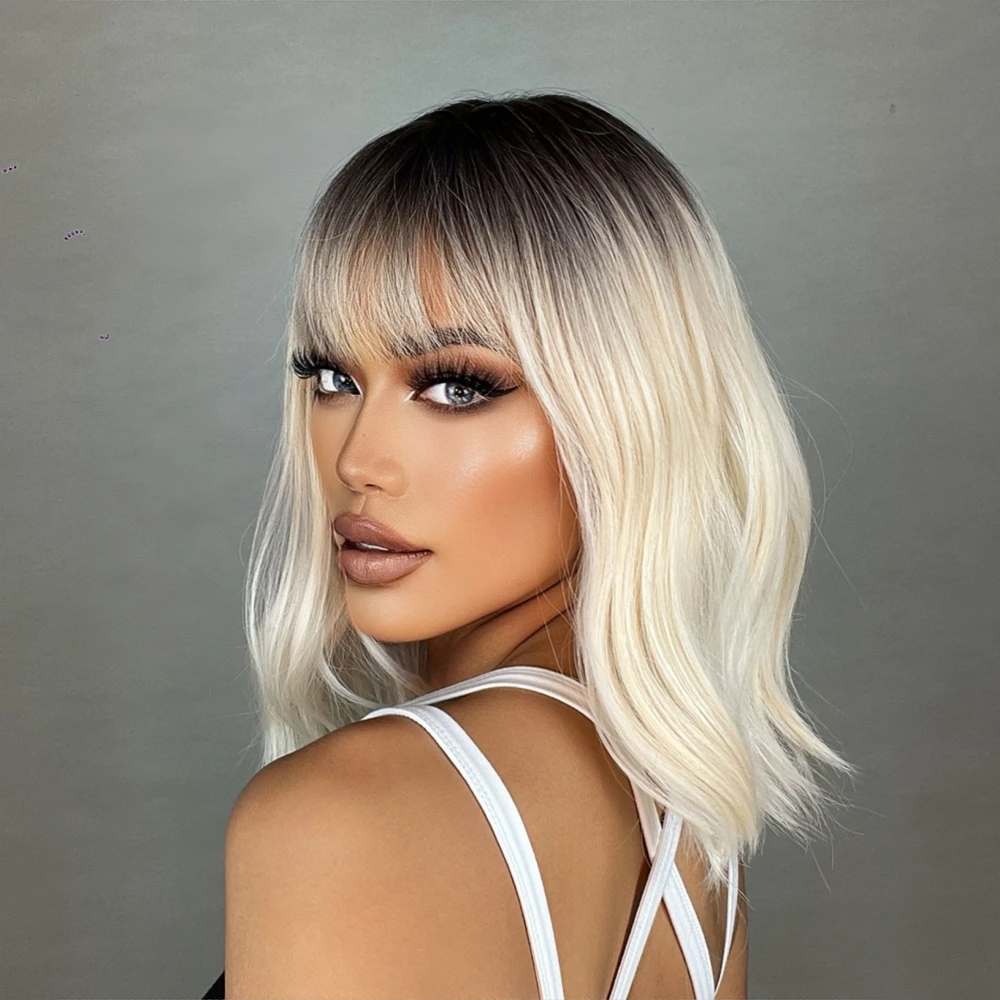 Short Bob Brown to Platinum Ombre Wavy Synthetic Hair Wigs with Bangs for White Women Heat Resistant Cosplay Use Wigs