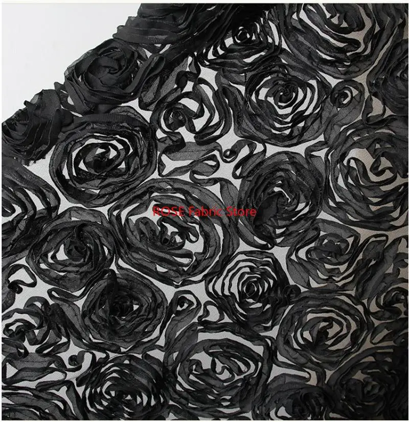 

1 yard Transparent Mesh 3D Rose Embroidered Fabric Fashion Creative Designer Fabric
