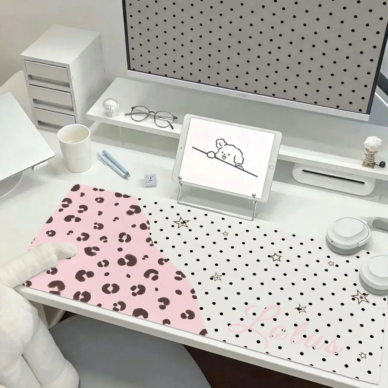 Leather PU Mouse Pad Y2K Sweet Cool Leopard Print Polka Dot Mouse Pad Office Desk Mat Waterproof Non-Slip PU Desk Blotter Pad