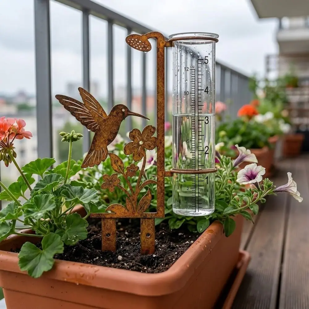 Vintage Flower Bird Metal Rain Gauge Stake Freeze Proof Removable Garden Rain Meter Clear Read Numbers Large Capacity