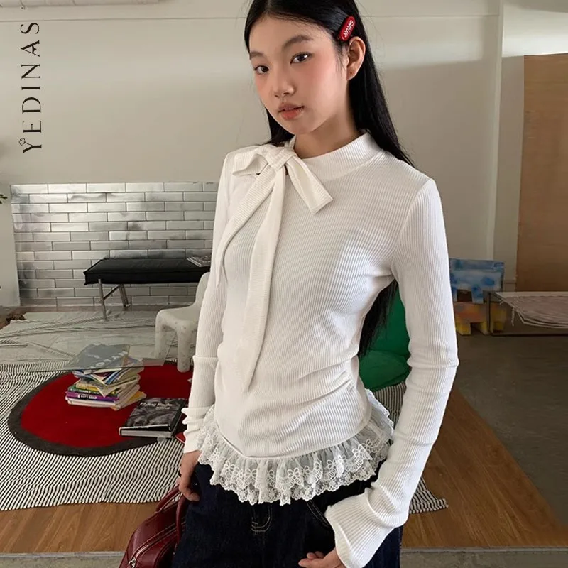 Yedinas Fairycore T-shirt Woman Long Sleeve Lace Up Bow Tees Female Clothing 2000s Clothes Y2k Solid Autumn Tops Casual T Shirt