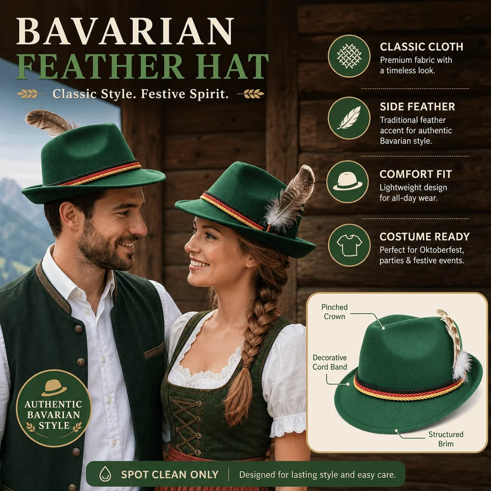 Classic Bavarian Feather Hat Structured Brim Decorative Side Cord Fedora Hat Dress Up Western Oktoberfest Hat Men Women