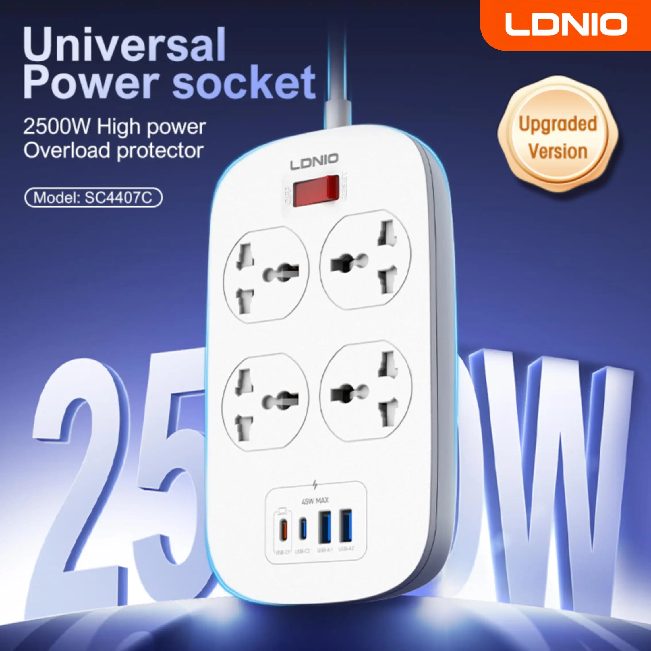 

LDNIO 4 Outlets Universal Power Strip with 45W PD USB C Fast Charging 2M Extension Cable Surge Protector EU US UK Plug Socket