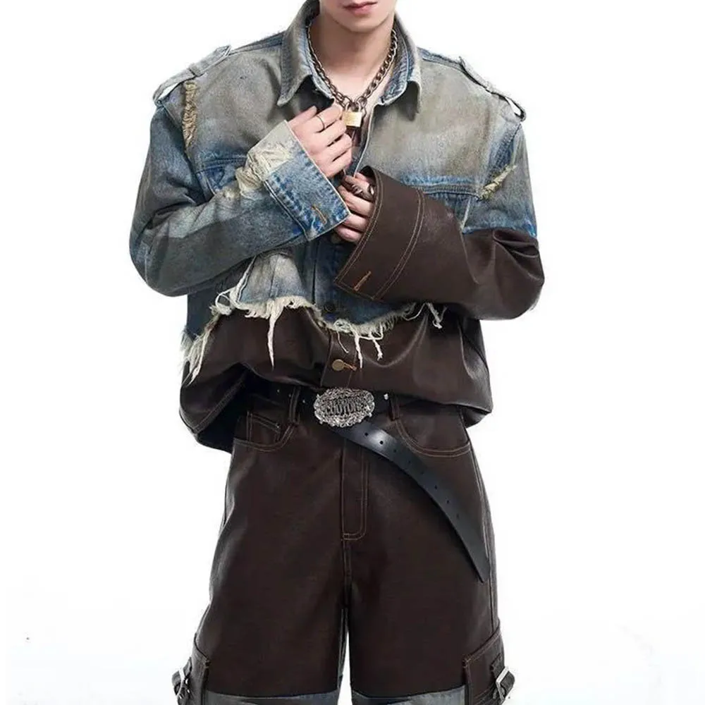 

Осенняя новая мужская лоскутная куртка с длинными рукавами в американском стиле ретро, модные тенденции, свободные повседневные нишевые мужские топы High Street, 2025 г.