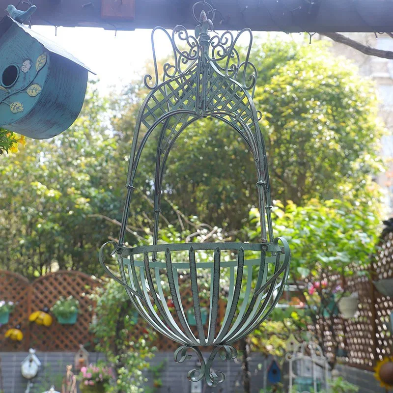 Vintage Metal Hanging Planter Basket, 12x30 inches, Decorative Iron Garden Basket with Chain, White and Green