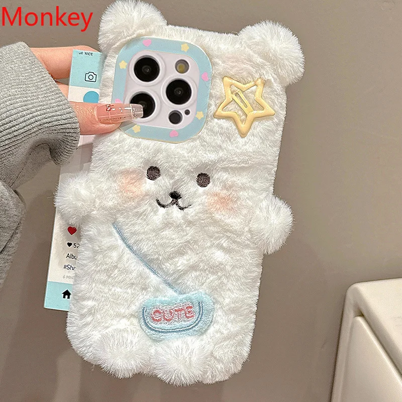 3D Ins Cute Cartoon Backpack Bear iPhone Cases For iPhone 16 Pro Max Case 15 14 Plus 13 12 11 Warm Winter Plush Soft Phone Cover
