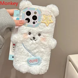 3D Ins Cute Cartoon Backpack Bear iPhone Cases For iPhone 16 Pro Max Case 15 14 Plus 13 12 11 Warm Winter Plush Soft Phone Cover