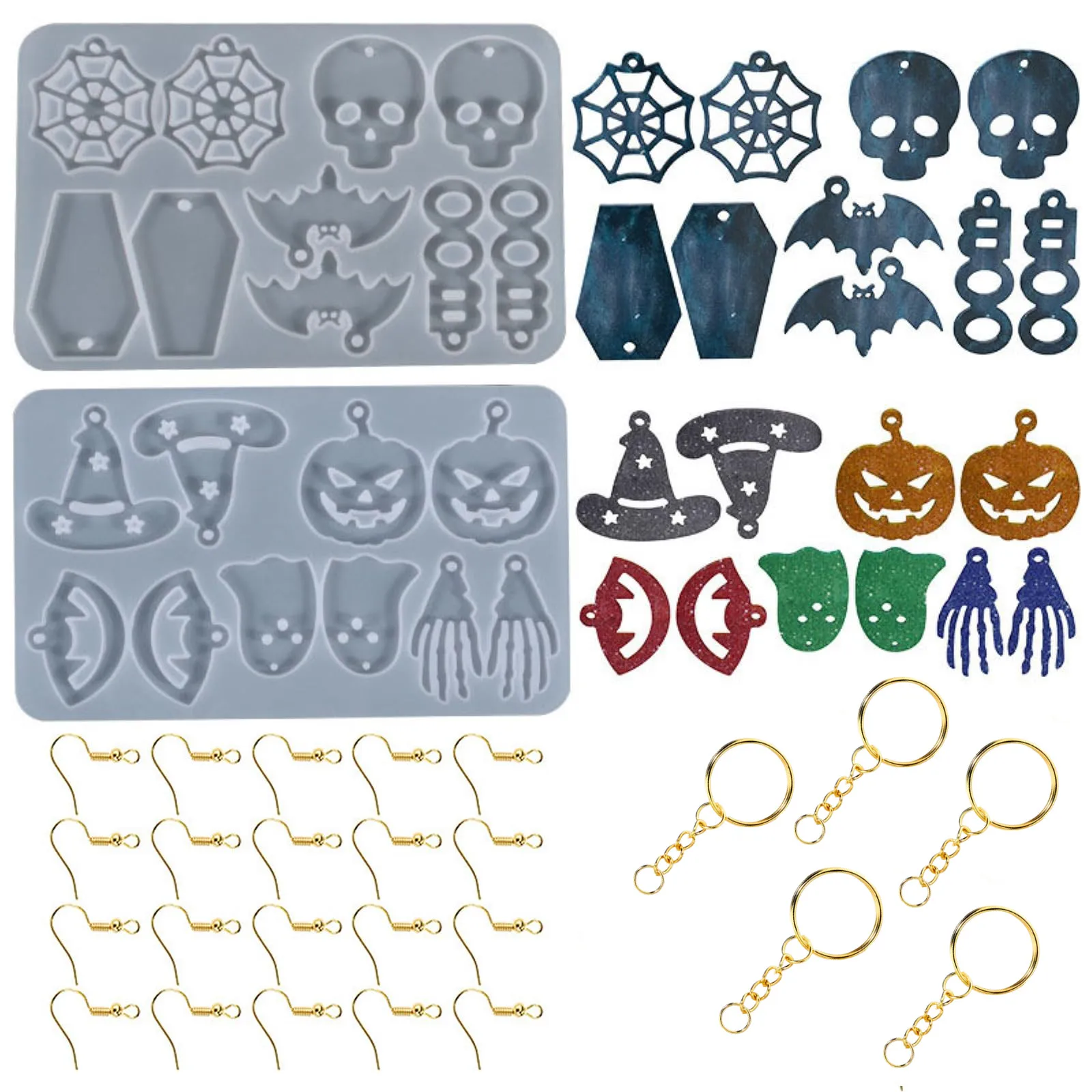 Halloween Resin Earring Molds with Hole Pumpkin Bat Spider Pendant Keychain Silicone Resin Mold DIY Festival Party Decoration