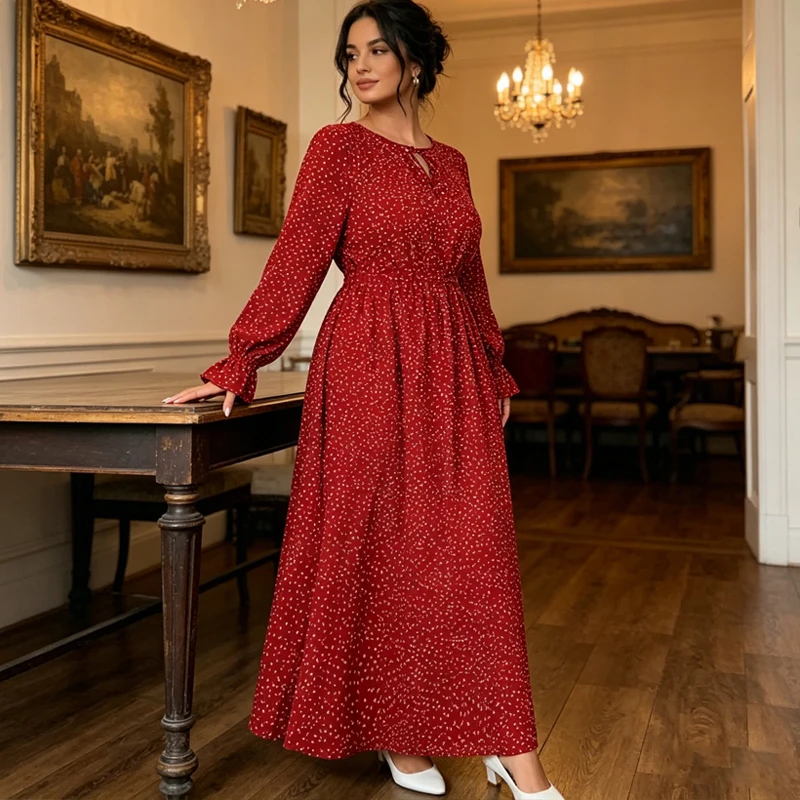 

2026 Spring Summer A-Line Dress Women's Plus Size Polka Dot Dress Long Sleeve Round Neck Elastic Waist Casual Maxi Dress