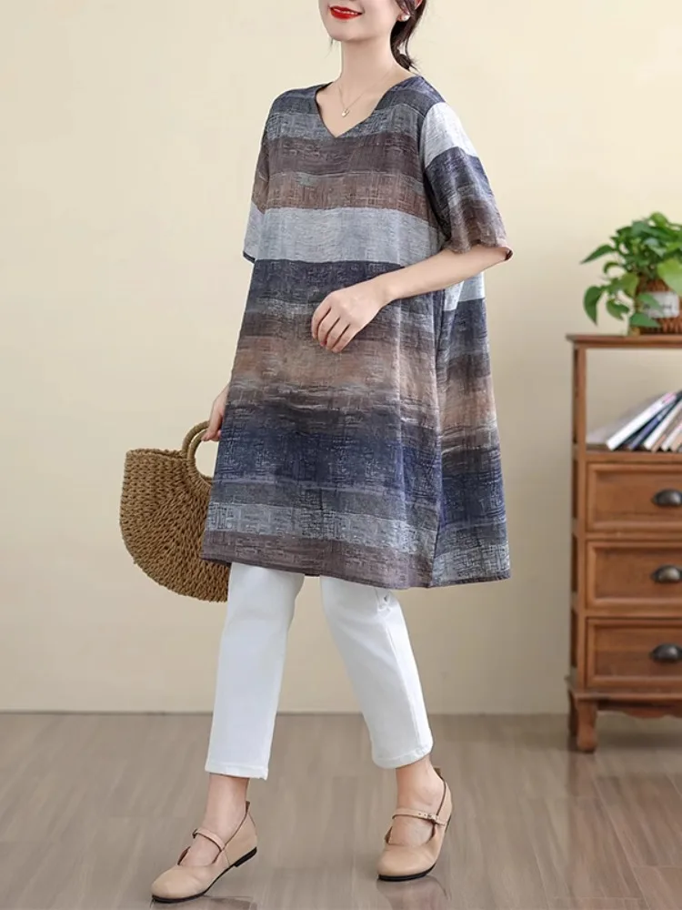Vintage Gestreiften Baumwolle Leinen Kleid für Frauen Sommer Mode Kurzarm Farbe Patchwork Lose Beiläufige Pullover Kleider Weibliche