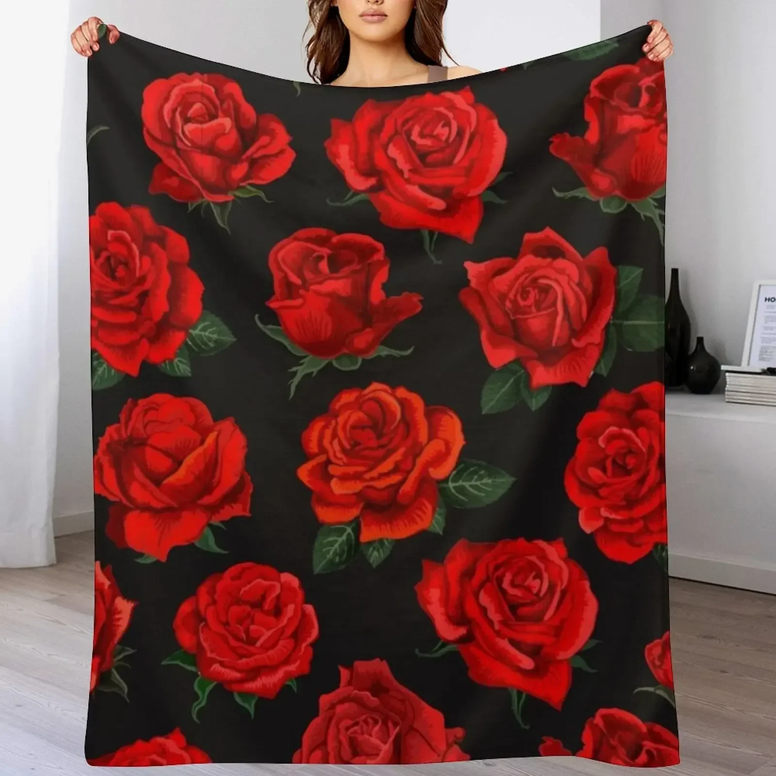 

red roses pattern Throw Blanket Shaggy Furry Soft Blanket for Bedroom Living Room