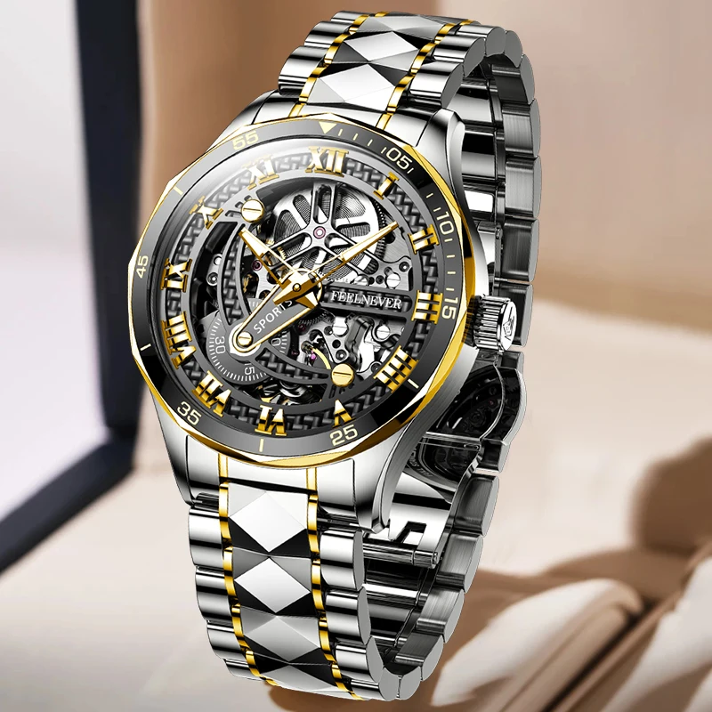 FeelNever Fashion Hollow Mechanical Watches For Men Business Men Watch Sport Waterproof Automatic Watch Men Relogios Masculino