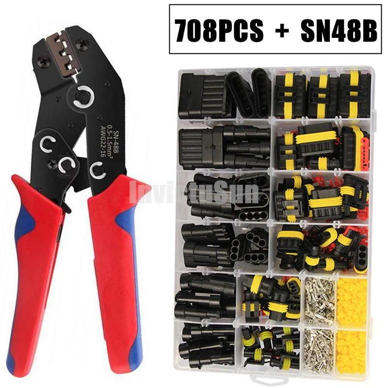 

708PCS Waterproof Car Electrical Wire Connector Plug 1/2/3/4/5/6 Pin Motocycle Truck Harness Male Female SN48B crimping pliers