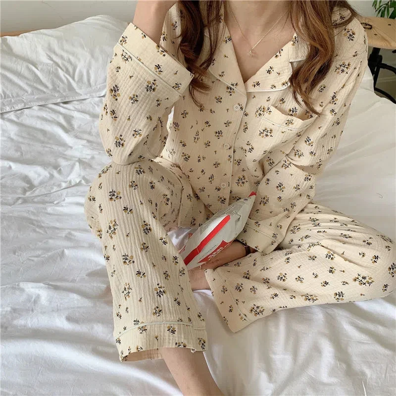 New Spring Autumn Crepe Cotton Two Piece Set Sleepwear Women Pajamas Set High Quality Pants Home Set Floral Print Vintage