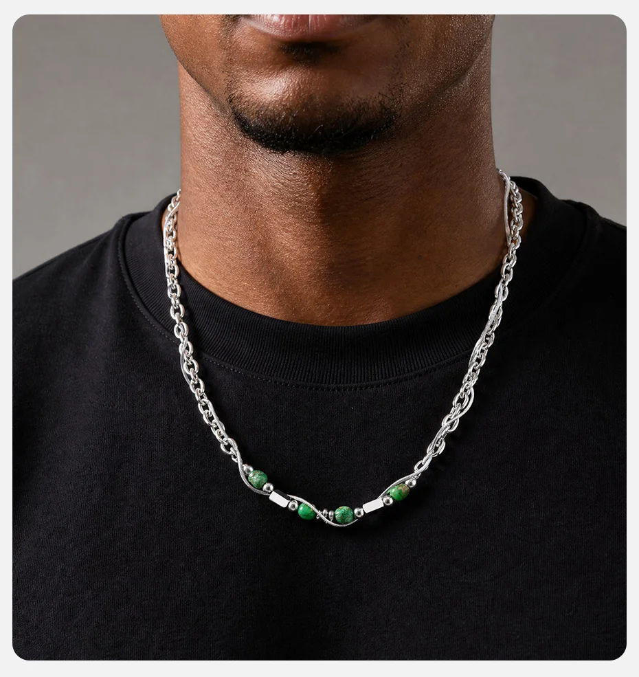 Vnox Figaro Doppelschichtige Kettenhalskette für Männer, Edelstahl Türkis Tigerauge Onyx Perlen Verstellbarer Hip-Hop Schmuck Geschenk – Detail 4