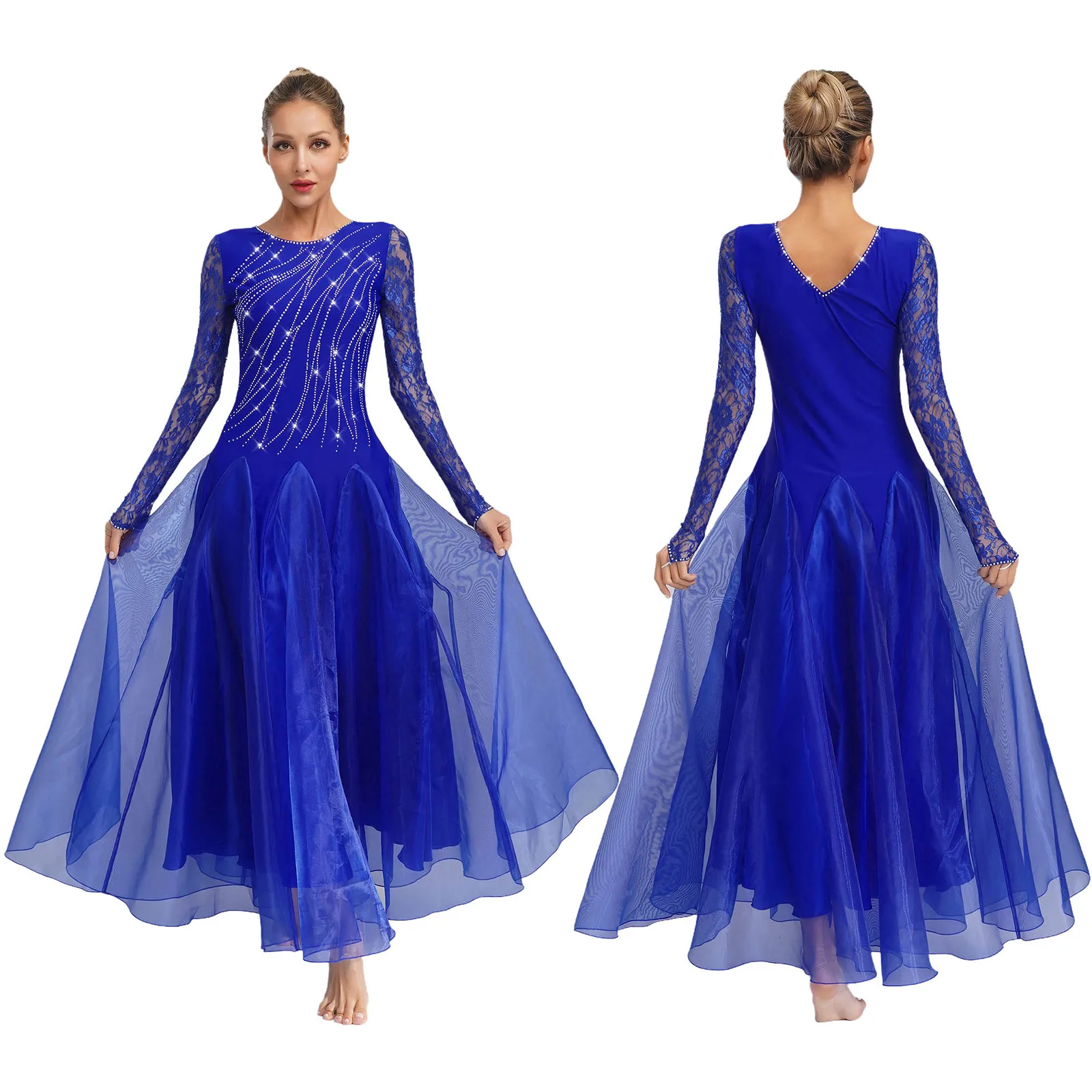 

Women Ballroom Dance Dress Lyrical Spanish Flamenco Dance Costume Floral Lace Long Sleeve Rhinestones Wide Hemline Maxi Dress