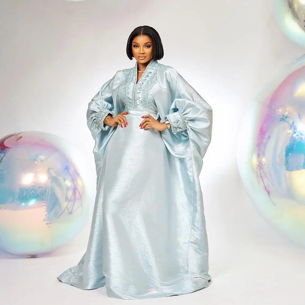 エレガンスアフリカンドレス女性のための高級高品質ジャカード生地 boubou アフリカファムベルト付き