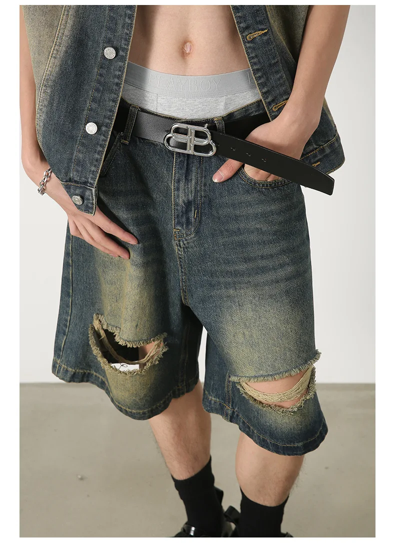 

Summer New Loose Ripped Denim Shorts Men Street Trend Fashionable Niche Korean Casual Shorts Washed Old Fashion Shorts