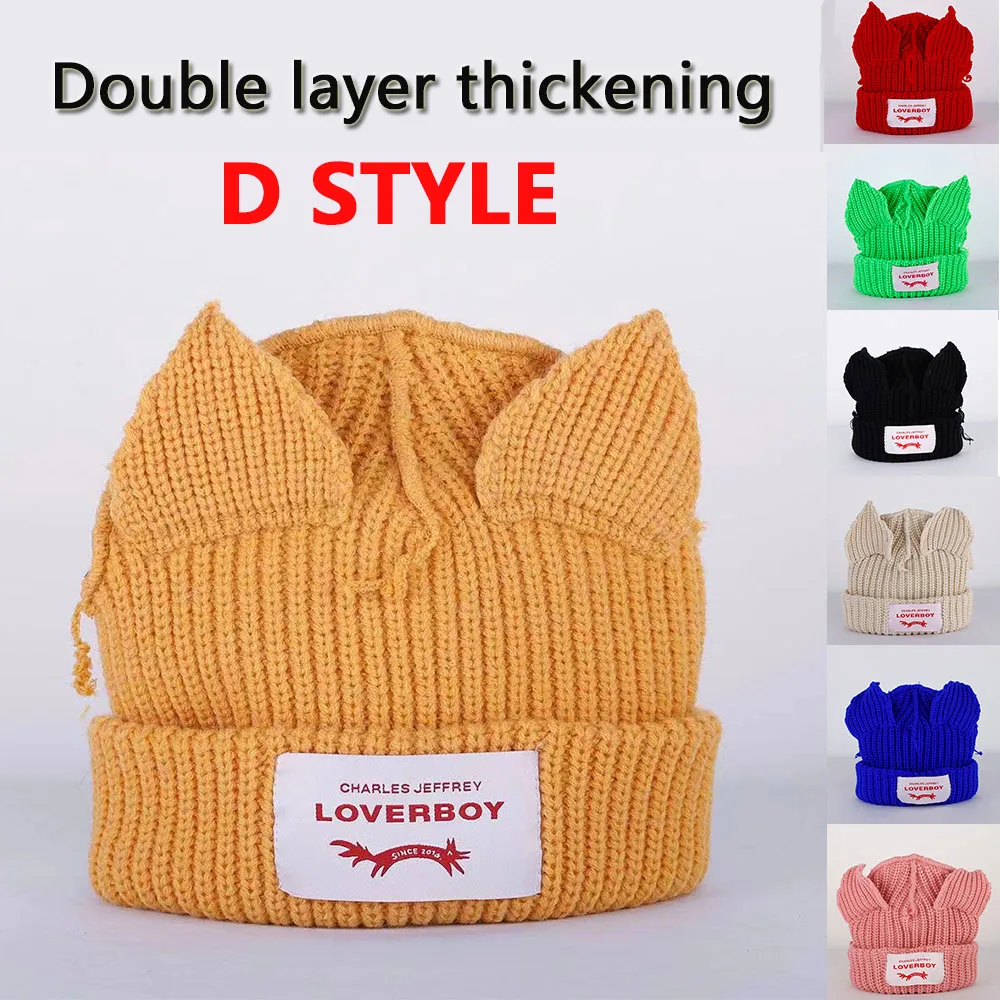 2022 Winter Skullies Cute Women Long ears  fox Hat Crochet Knitted Hat Costume Beanie Hats Women christmas Gift Hip-hop Cap